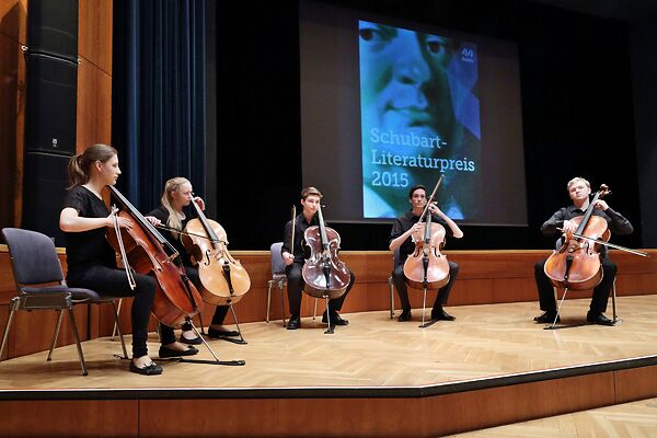 Auf dem Bild ist ein Cello-Orchester zu sehen.